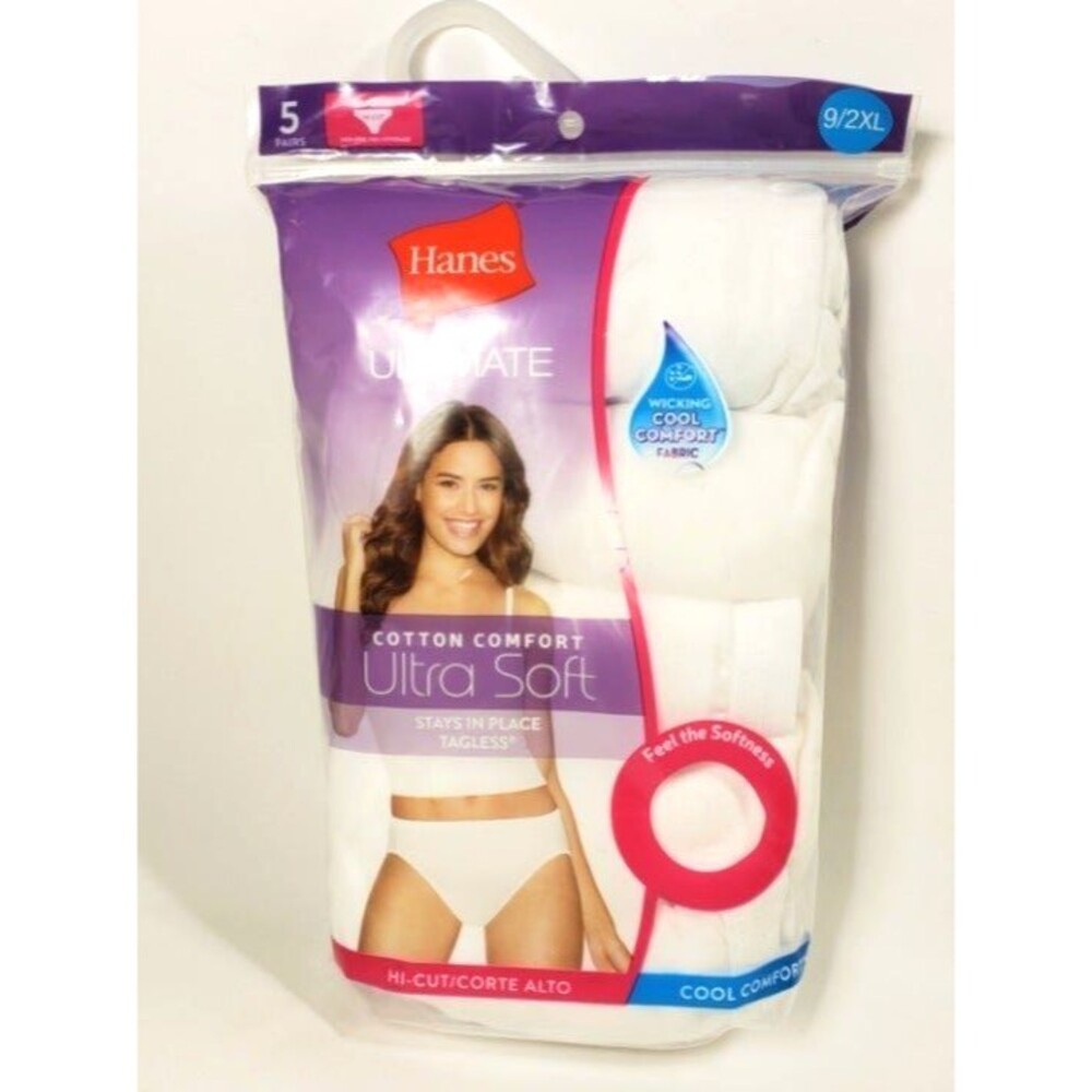 Hanes Tagless Cotton Panties Woman's Sz 9 or 2XL White  5 Pr. Hi Cut Wicking NOS
